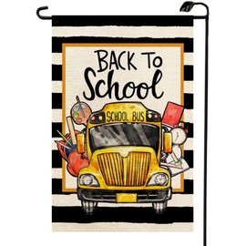 Back to School School Bus Garden Flag 12x18 Inch Double Sided Black Stripes School First Day Small Flag for Summer Fall Outside Decorations For Yard XJ57