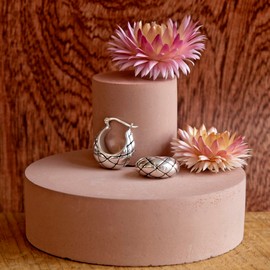 Tuscany Silver Women's Sterling Silver Oxidised Antique Style Quilt Pattern Creole Earrings, 19.5 x 21.5 mm