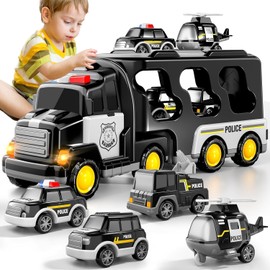 Construction Toddler Truck Toys for 3 4 5 6 Year Old Boys 5-in-1 Friction Power Vehicle Car Toy for Toddlers 1-3, Police Truck Toys for Kids 3-5