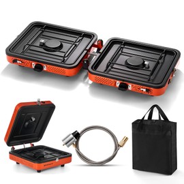 Odoland Portable 2 Burner Camping Stove Propane 17000 BTU/h Gas Stove Collapsible Backpacking Stove for Indoor Outdoor Cooking Hiking and Picnic