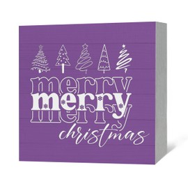 JRTW Purple Merry Christmas Wood Box Sign Decor, Christmas Tree Wooden Box Sign, Wooden Christmas Signs, Xmas Winter Holiday Farmhouse Decoration for Home Office Desk Shelf Table Decor