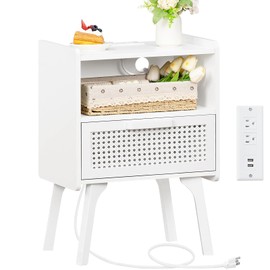 Lerliuo Rattan Nightstand with Charging Station, Side Table with Drawer Open Shelf, Cane Accent Bedside End Table with Solid Wood Legs, Night Stand for Bedroom, Dorm and Small Spaces (White)