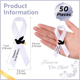 50 Pcs Dove Funeral Ribbons Memorial Ribbon Funeral Pins Classic Memorial Service Respect Ribbon Bow with Safety Pins and Dove for Mourning Remembrance Day Event(White)
