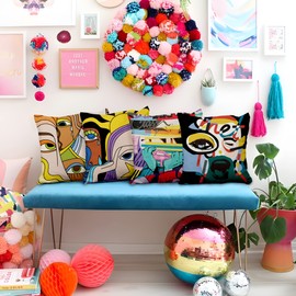 Aoihrraan Cushion Covers, Set of 4 Funny Abstract Graffiti Face Cushion Cover Square Linen with Invisible Zipper for Sofa Car Garden Bed Couch House Decorative 46 x 46 cm