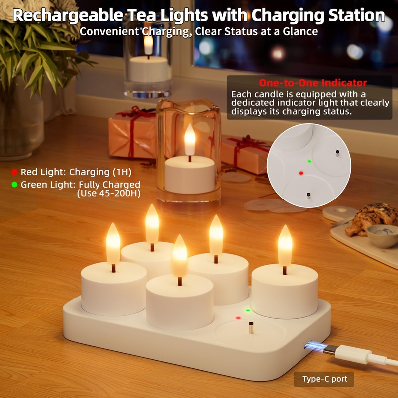 Rechargeable Flameless Tea Lights Candles with Charging Station 6Pcs Battery