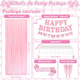Pink Birthday Decorations, Bow Birthday Party Decorations Set Happy Birthday Banner, Pink White Balloons, Bow Tablecloth, Sash Fringe Curtain, Birthday Decoration for Girls Women Princess