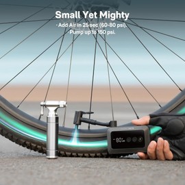 HOTO Mini Bike Tire Pump, 25s Fast Inflate Bicycle Pump with Guage, 150PSI Portable Electric Bike Air Pump with Presta and Schrader Valve for Road Bike, Motorcycle, Mountain Bike, Car, Sports Ball