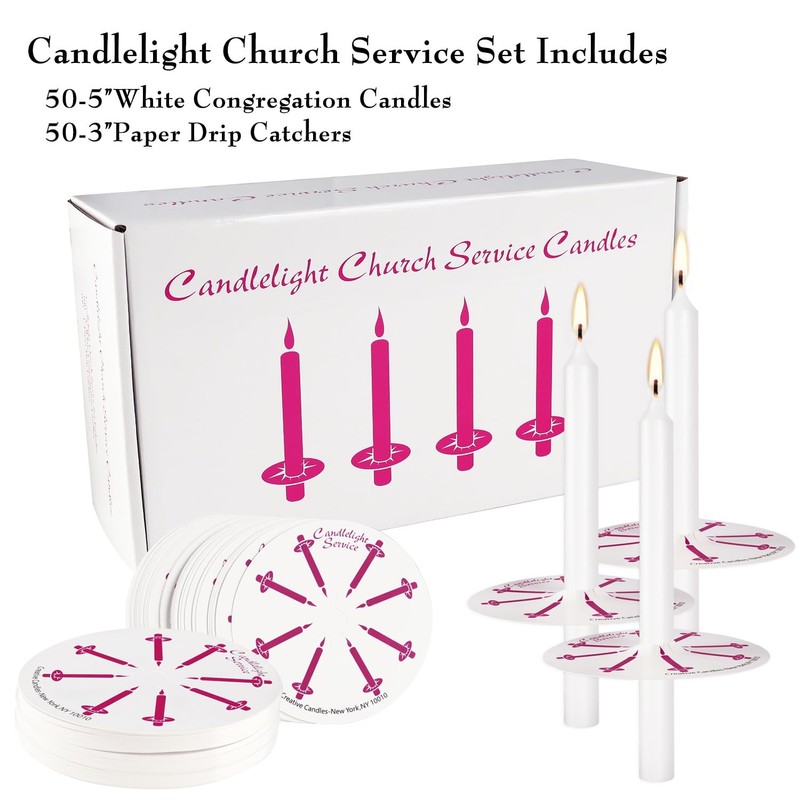 50 Pieces 5-Inch White Unscented Taper Candles with Drip Protectors