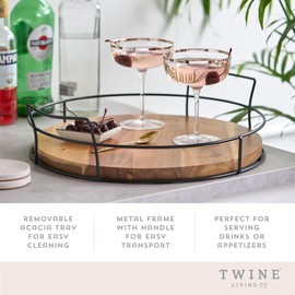 Twine Acacia Wood Cocktail Tray, Outdoor Entertaining, Easy Carry Handles, Removable Frame, Drink and Appetizer Tray, Set of 1