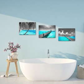 SkenoArt 3 Piece Canvas Prints Teal Beach Wall Art Ocean Tropical Palm Tree Pictures Grey Turquoise Sea Painting Bathroom Art Canvas for Home and Office Bedroom Decor Ready to Hang