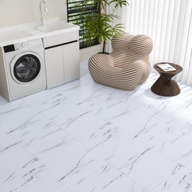 VaryStyle 18-Sheet White Marble Peel and Stick Floor Tile 12x12 Inch Faux White and Black Marble Vinyl Flooring Tile Renter Friendly Thick Vinyl Floor Tiles for Apartment Basement Flooring Stickers