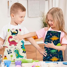 Wolepaz 2 Pcs Kids Aprons, Cartoon Style Adjustable Child Chef Aprons, Linen Dinosaur Horse Aprons for Boys Girl's Kitchen Cooking Baking Painting Wear(White+Blue)