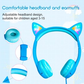 Olyre Kids Headphones, Girls Headphone Cat Ears LED Light Up Safe Volume Limited 85dB for Children Wired On Ear Toddler Earphones for Laptop/Tablet/Online/School/Travel - Blue