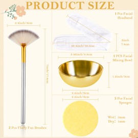 Facial Mask Brush and Bowl Set Large Gold Facial Mixing Bowl 2 Fluffy Fan Brushes 5 Compressed Facial Sponges Headband Professional Mask Applicator Tools for Skincare Routine