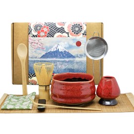 Annie & Mia Design Matcha Whisk Set (9pcs), Japanese Tea Matcha Set includes Ceramic Matcha Bowl, Bamboo Matcha Whisk(chasen), Ceramic Matcha Whisk holder, Bamboo Matcha Spoon (chashaku). Red color.