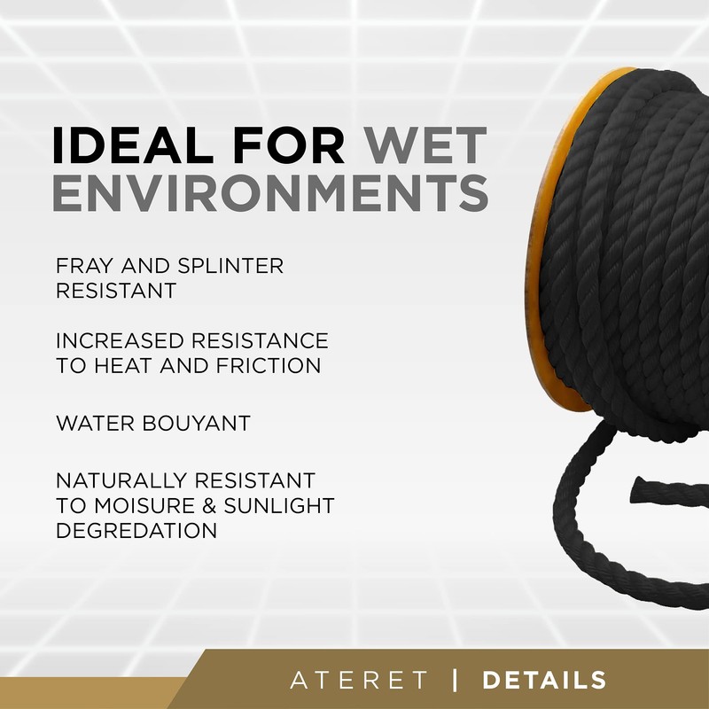 ATERET Twisted 3-Strand Black Polypropylene Rope Monofilament I 5/16" x