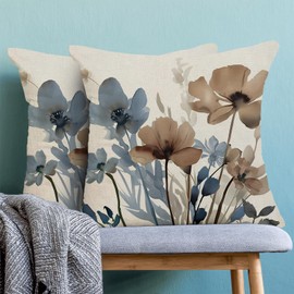 Blue Brown Pillow Covers 16x16 Inch Set of 2 Vintage Spring Blue Brown Floral Throw Pillows Watercolor Summer Seasonal Flower Pillowcases Outdoor Decorative Linen Cushion Covers for Couch Sofa