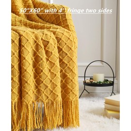 CREVENT Knitted Decorative Throw Blanket for Couch Sofa Chair Bed，Soft Warm Cozy Light Weight for Spring Summer (127cmX152cm Mustard Yellow)