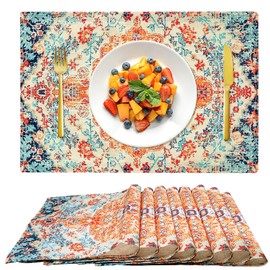 Ethnic Boho Printed Placemats Set of 8, Washable Vintage Linen Table Mats, Heat Resistant Decor Place Mats for Party Home Kitchen Dining Decoration(45 x 30 cm)