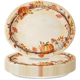 Oigco 25 PCS Fall Oval Paper Plates Large 9" X 11" Watercolor Pumpkins Leaves Disposable Plates for Thanksgiving Autumn Harvest Holiday Party