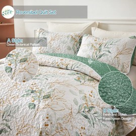 Floral Quilt King Size,Green Botanical King Quilt 3 Pieces,Reversible Soft King Quilt Bedding Set for All-Season(104"x90")