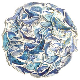 Yoksas 60Pcs Blue Whale Fantasy Ocean Washi Stickers - Aesthetic Bronzing Sea Life Dolphin Turtle Scrapbook Craft Stickers for Junk Journals, Planners, Collage Album