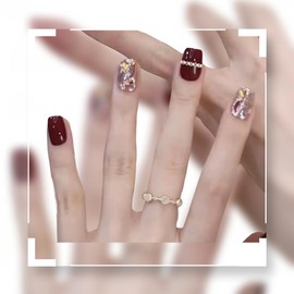 Pure Handmade Nails Press on Nail Reusable Fake Nails Red Gold Rhinestones Bling Bling Nude Medium Stick on Nails French Tip False Nails 10pcs (XS, Q168)