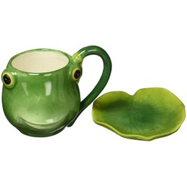 4.75 Inch Green Smiling Fairy Frog Teacup and Leaf Shaped Saucer Set