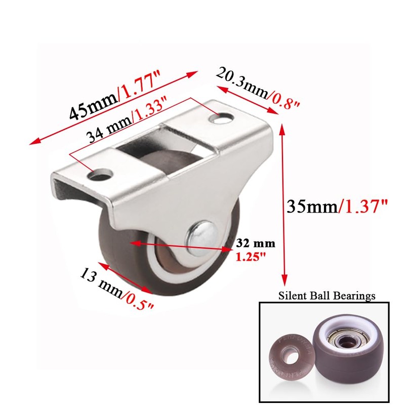 WANLIAN Mini Fixed Caster Wheels 1.25 Inch, Silent Bearing Small