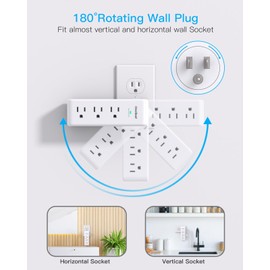 One Beat Surge Protector Outlet Extender with Rotating Plug, 9 AC Multi Plug Wall Outlet Expander, 1800J Wall Charger, 3-Sided Power Strip Electrical Plug Adapter Outlet Splitter for Home Office College Dorm