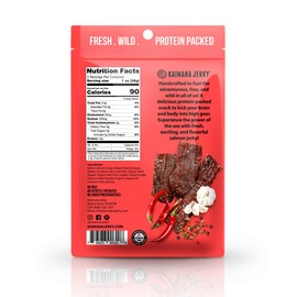 Kaimana Jerky Wild Caught Salmon Jerky - Organic Gourmet Dried Fish Strips Rich in Omega-3 & Protein - Low-Calorie Sweet Seafood Snack with No Gluten, Less Sodium & Sugar - Spicy Flavor - 3/2oz Pack