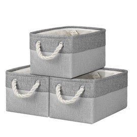 Small Storage Boxes for Shelves, Foldable Small Toy Storage Box with Handles, Canvas Storage Baskets for Socks Towels DVDs Books Makeup and Bathroom Toiletries (31x21x16cm/3 Pack, Grey&Light Grey)