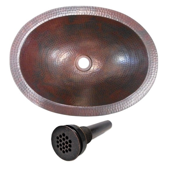 Small Rustic 16" x 12" Oval Copper Bath Sink Dual Mount with 19-Hole Grid Drain