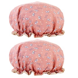 Stilvolle doppellagige wasserdichte Duschhaube für Frauen – elegante Badekappe mit weichem Baumwollfutter, wiederverwendbarer Dusch-Haarschutz, modischer Duschhut für Frauen und Mädchen (2 Stück rosa