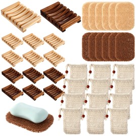Baderke 36 Pcs Soap Saver Set for Packaging Gift Including Wooden Dish Holder Exfoliating Bag with Drawstring Soap Pads for Bar Mother's Day Wedding Baby Shower Homemade Gift