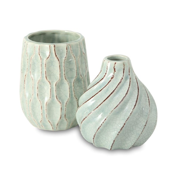 Geometric Swirl Textured Pale Pastel Green Vases, Set of 2, Suffused Green Crackle Glaze, Stoneware, 5.5 Inches Each, Modern Home Design