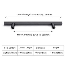 homdiy Cabinets Door Pulls and Handles for Kitchen- 15 Pack HD201BK 6-1/4in (160mm) Hole Centers Modern Black Stainless Steel Cabinet T-bar Knobs