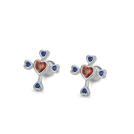 S925 Sterling Silver Religious Small Tiny Cross Stud Earrings for Women with Heart Shaped Cubic Zirconia Screw Back Hypoallergenic Fashion Jewelry (Red Heart)