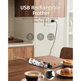 INFOOD Milk Frother Rechargeable with Cover - Coffee Frother Wand, Drink Mixer Handheld with 2 Detachable Stainless Whisks 2 Speed Adjustable for Latte, Cappuccino, Hot Chocolate, Egg, White Floral