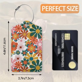 70s Groovy Daisy Flowers Luggage Tags Bag Tag with Privacy Cover Name Id Card Stainless Steel Loop Suitcase Labels Pu Leather Baggage Tags for Travel,2 Pcs