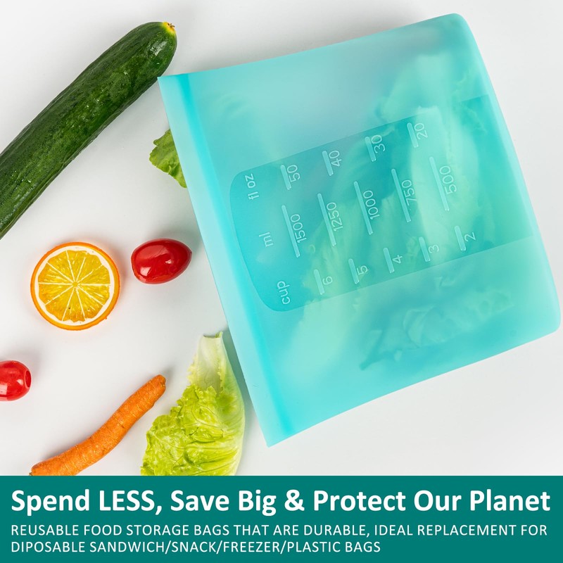 8-Pack Reusable Silicone Food Storage Bags, 100% Silicone Stand-Up Wide-Open