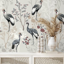 VEELIKE Grey Crane Bird Chinoiserie Wallpaper Peel and Stick Vintage Floral Wallpaper for Bedroom Bathroom 17.7''x118'' Removable Tree Wall Mural Self Adhesive Grey Contact Paper for Walls Cabinets