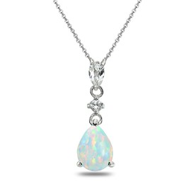 GemStar USA Sterling Silver Synthetic White Opal & White Topaz Teardrop Dangling Drop Pendant Necklace
