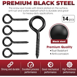 14PCS Black Screw Eyes - 3.2 Inch Heavy Duty Eye Bolts, Cable & Wire Securer - Hammock Stand, Indoor & Outdoor Use