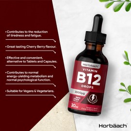 Horbäach Vitamin B12 Drops High Strength 3000mcg | 30ml | Daily Oral Drop Supplement | Berry Cherry Flavoured Liquid | Suitable for Vegans & Vegetarians | by Horbaach