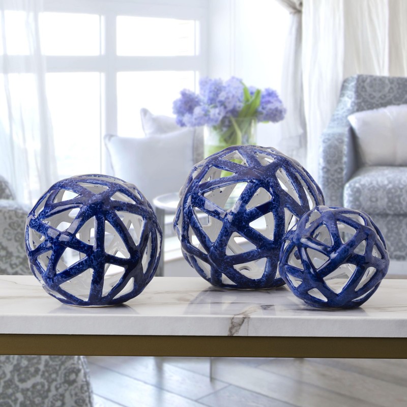 Elements Decorative Ceramic Cutout Spheres, Blue, Set of 3, 4,