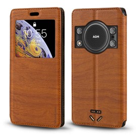 Shantime Viewable Window Leather Flip Case Compatible with AGM H5 Pro, Elegant Design Clear Display Invisible Magnetic Cover and Card Slot(Brown)