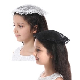 Mantveil Girl's First Communion Veil 2 Pcs Round Lace Mantilla Church Mass Head Coverings Catholic Chapel Cap (Black+White)