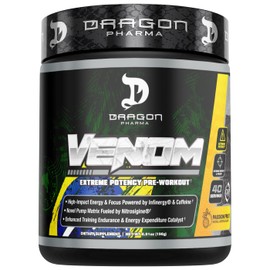 DRAGON PHARMA Venom Extreme Potency Pre-Workout, Laser Sharp Focus + Energy, Intense Performance, Proven Ingredients for Enhanced Vasodilation & Endurance (40 Servings, Passion Fruit)