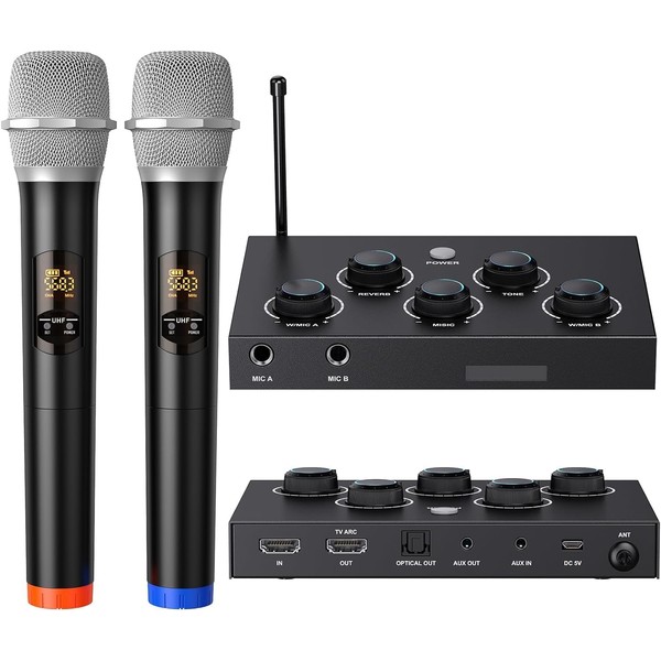 Portable Karaoke Microphone Mixer System Set, with Dual UHF Wireless